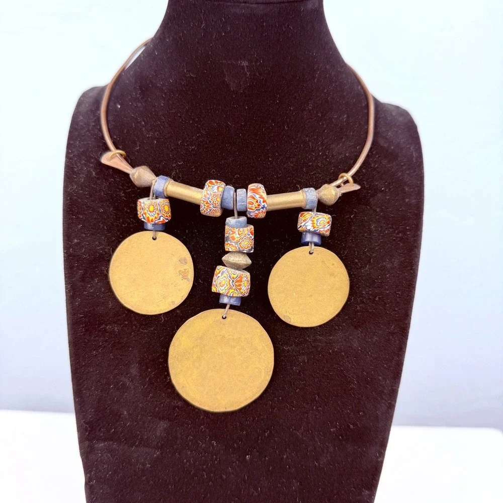 Vintage Artisan Brass Disc Necklace Polymer Clay Beads Boho Statement Indie Gift